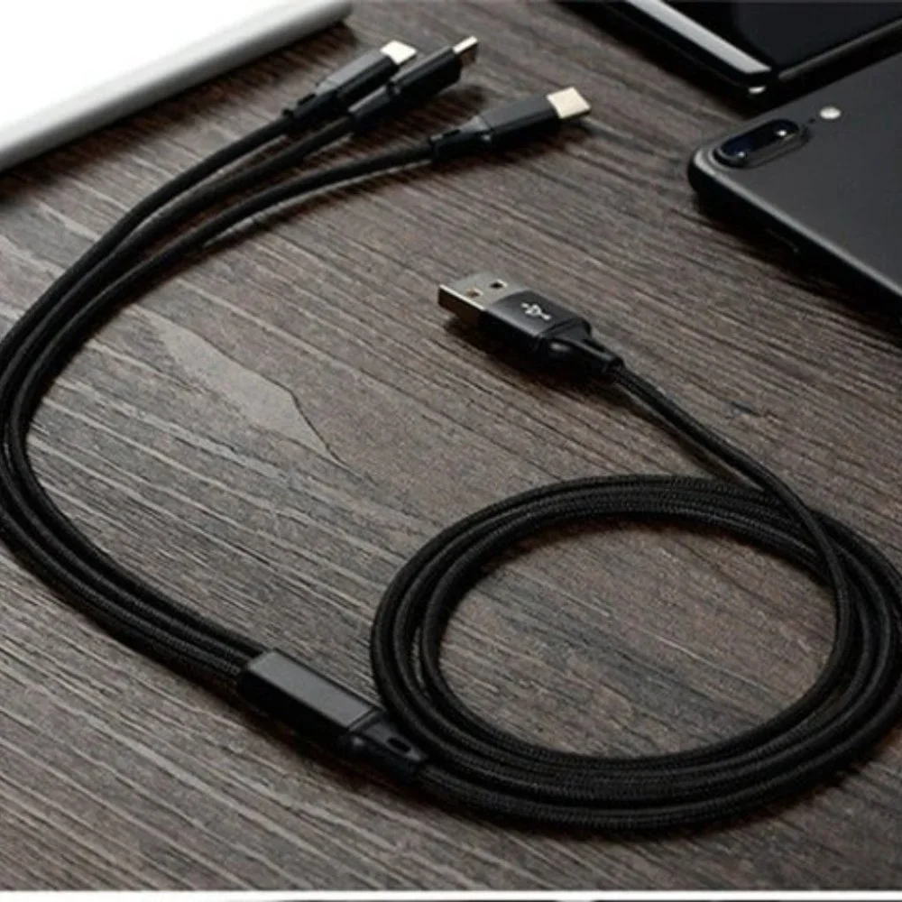 Black 3 In 1 Fast Usb Charging Cable for iPhone, Android Type C and Micro USB - Picture 2 of 2